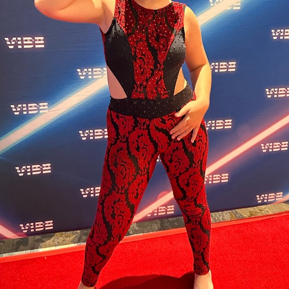 Reverence Bodysuit Dance costume. Black with red velour type pattern.  Size AS. - Picture 6 of 7